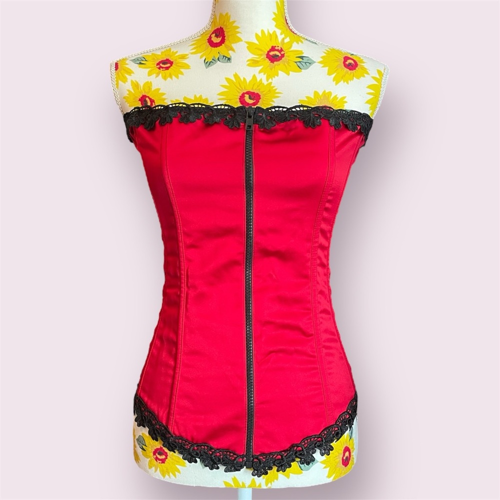 Vintage Y2K Shirley of Hollywood Red & Black Corset Zipper Front Top | Size 36